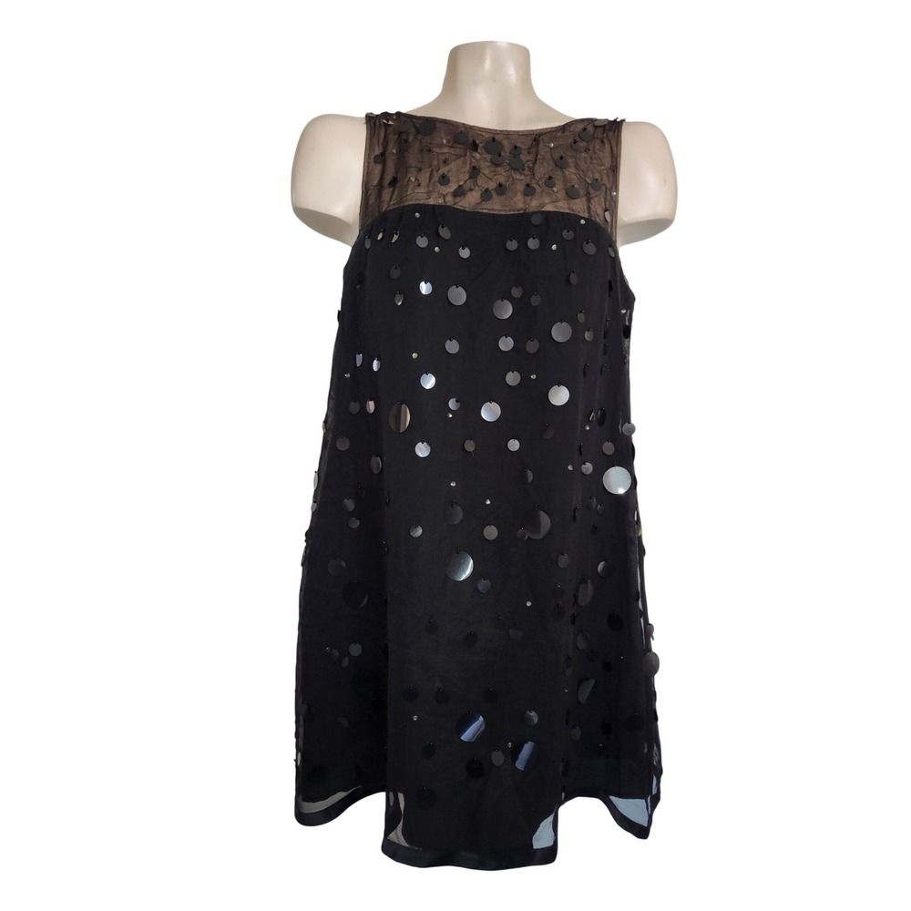 Nanette Lepore Black 100% Silk Sequin Mesh Yoke‎ Shift Dress Womens Size 10